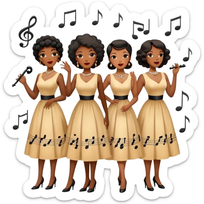 a group of Black women jazz singers in retro style, harmonizing with musical notes sticker