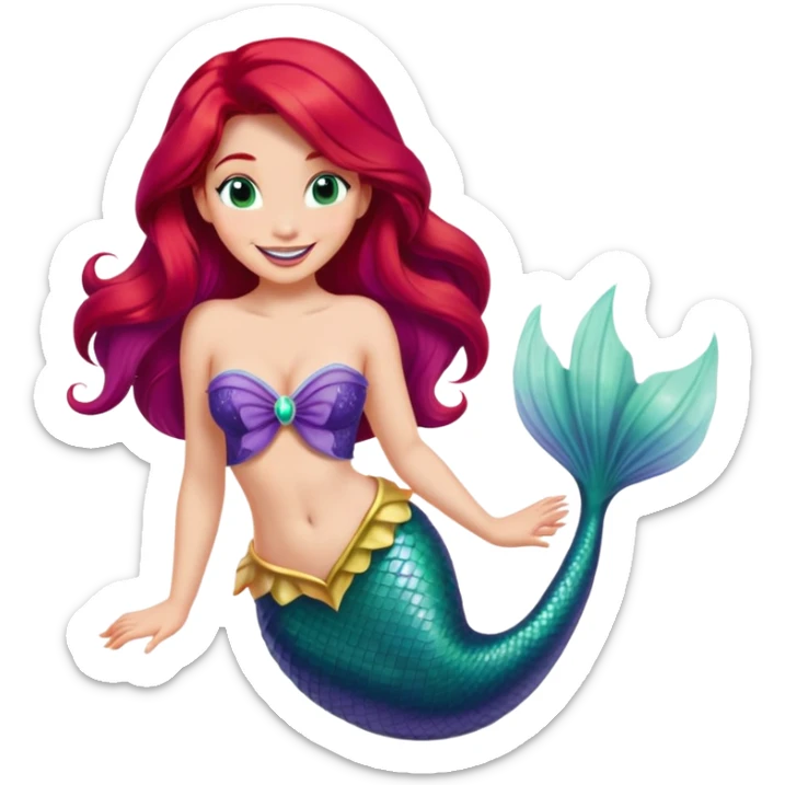 Disney Ariel mermaid with long red hair, green tail, and purple seashell top, smiling sticker