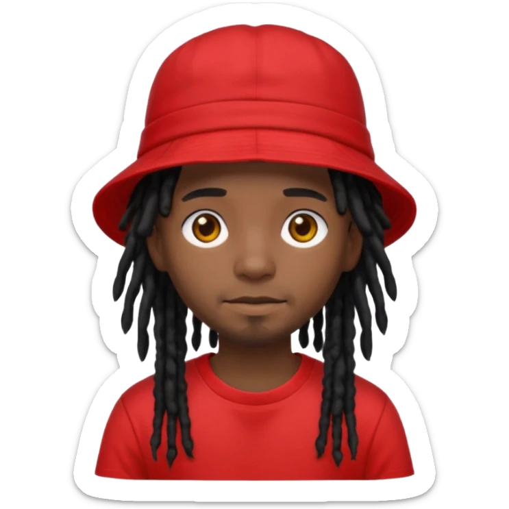 dark brown skin, black hair dreadlocks, wear red t-shirt, black bucket hat sticker