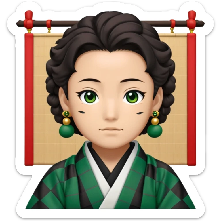 Tanjiro Kamado from Demon Slayer with black and green checkered haori and hanafuda earrings sticker