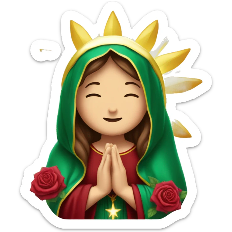 Virgin Mary: kind face looking down at the left, long brown hair, Wearing an emerald green  robe with gold stars and a burgundy red dress,  Hands in prayer or blessing. Halo around her head. standing in front of a big sun. colorful roses on the sides  sticker