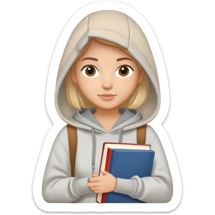 A flat-style illustration of a woman college student with a tote bag over her shoulder and a book in one hand. The student wears a hoodie. Clean cartoon style, white background, iOS emoji aesthetic. sticker