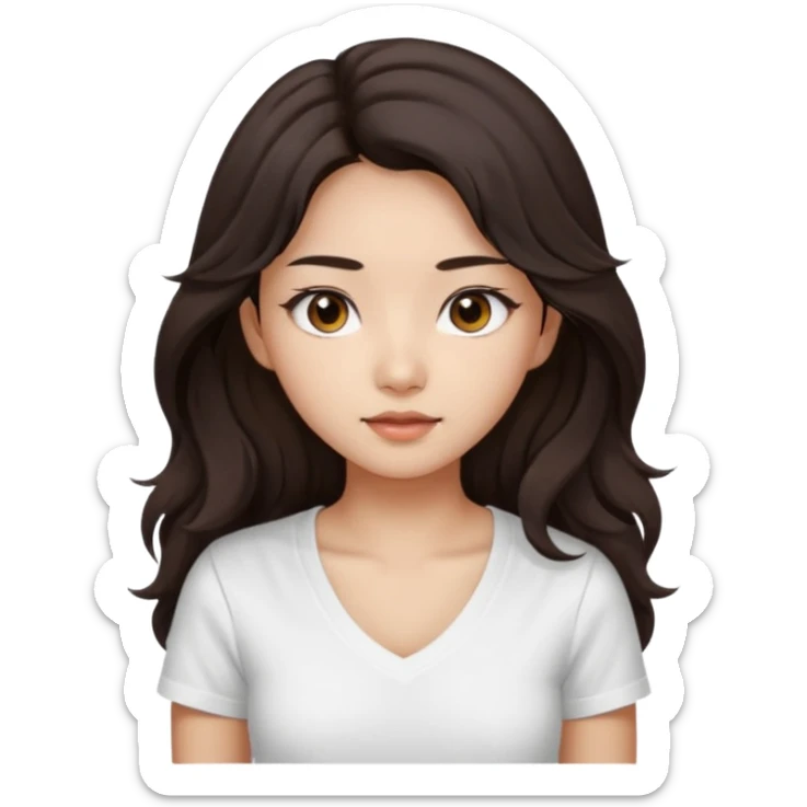iOS style emoji. girl with very long dark brown wavy hair. And the eyes color is dark brown. And she is wearing white t shirt with V kneck. And she is 30. She is Asian with double eyelids  sticker