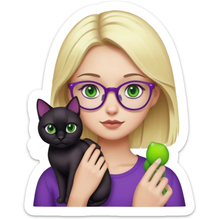 blonde girl wearing purple with green eyes and glasses  holding a black cat  sticker