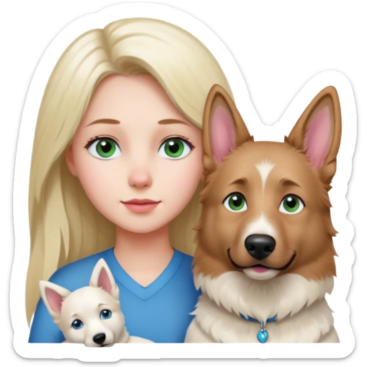 White European young woman with blue-green eyes and long blond hair with her white German Shepherd dog,the Dog has a pink nose and short fur  and Brown eyes sticker