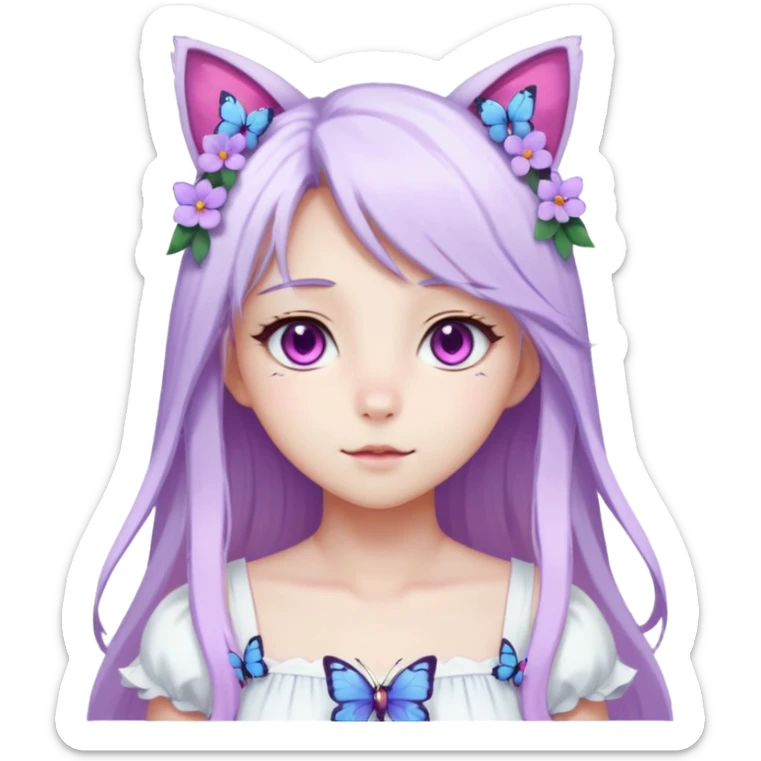 female anime character with pink eyes long white hair periwinkle highlights and cat ears on her head. She is wearing a white dress with purple flowers and butterfly. sticker