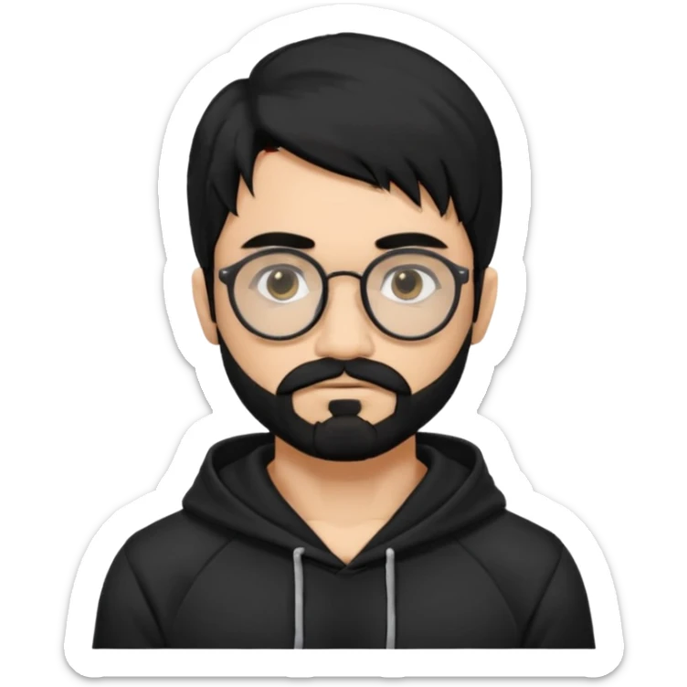 Man, hispanic skin, black hair, black beard, black mustache black eyes black t hoodie, small nose, long emo hair, muscular , round glasses sticker