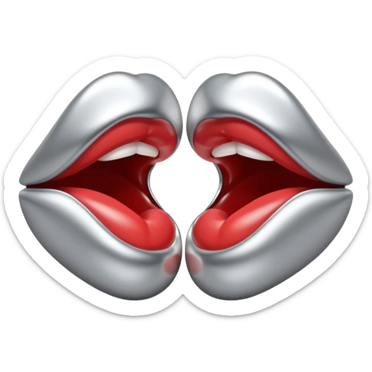 A seductive pair of slightly parted lips emoji made of liquid silver chrome, smooth glossy metallic surface, soft sensual curves, subtle reflections, luxury sexy aesthetic, minimal iOS emoji style, centered composition, clean white background, soft studio lighting, no text sticker