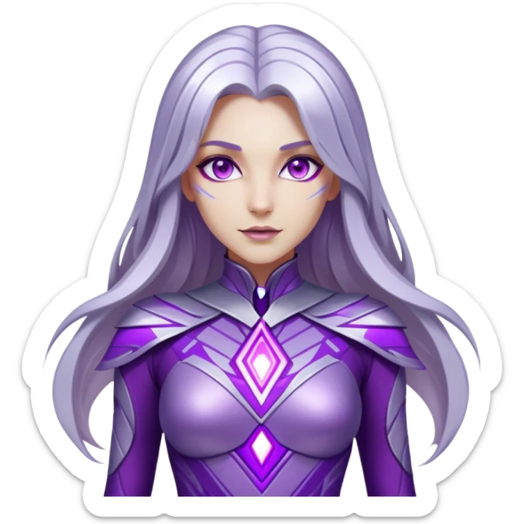 of a woman with fair skin, long silver hair, and glowing purple eyes. She wears a sleek, metallic purple and silver costume with geometric patterns and glowing accents. Her body shimmers with energy sticker