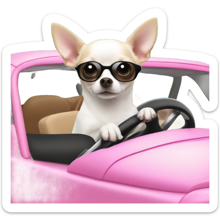 Black and white Chihuahua driving pink Fiat sticker