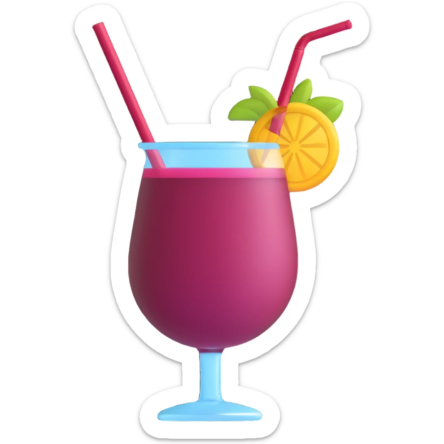 3D emoji style cocktail glass with burgundy drink and a striped straw sticker