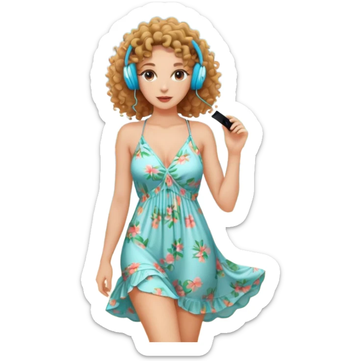 a woman with curly hair, wearing earphones, wearing a sexy beach dress sticker