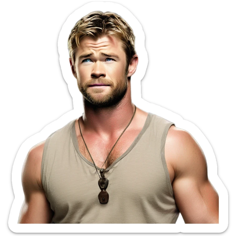 Chris Hemsworth shirtless, showing off his rugged chest and natural underarm charm sticker