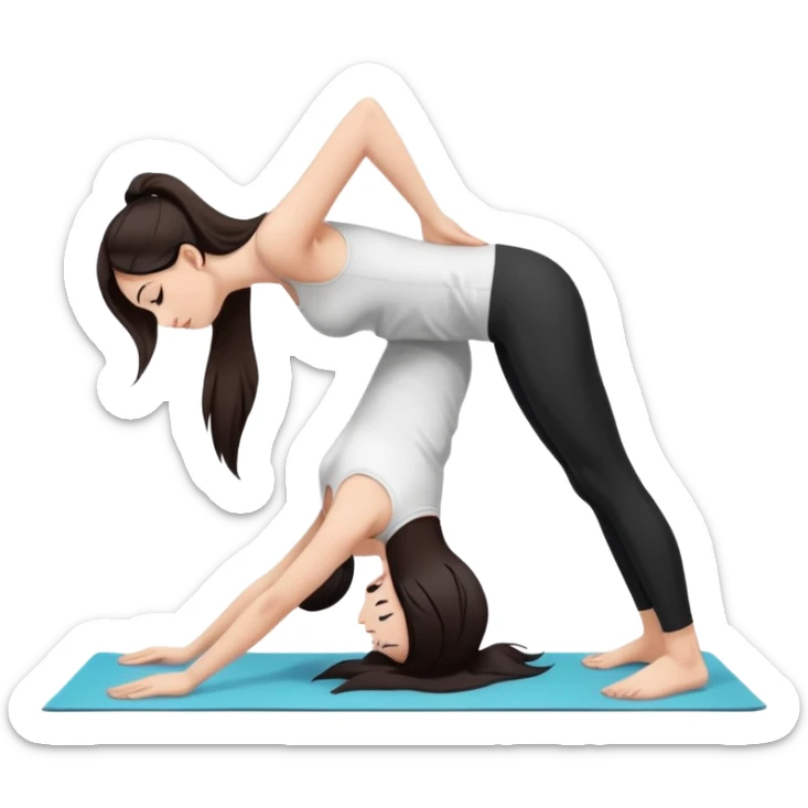 Девушка белокожая в позе собака мордой вниз, с длинными темными волосами, в белом топе, в черных лосинах, с черными ресницами sticker