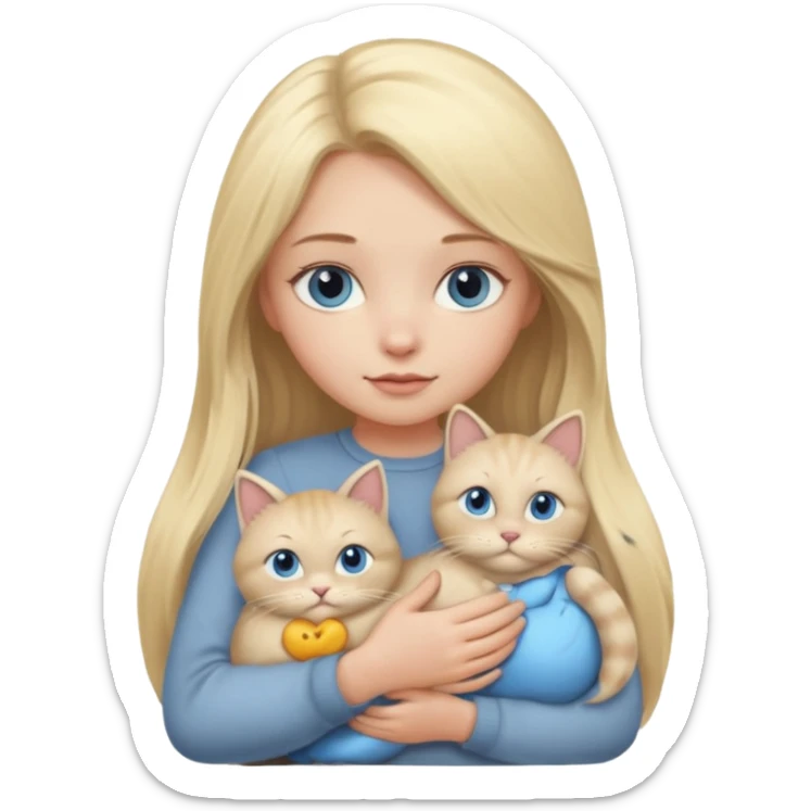 blonde girl with long blonde hair and blue eyes with chubby gray cat sticker