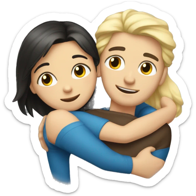 A dark-haired brown-eyed guy hugs a blonde girl with blue eyes sticker