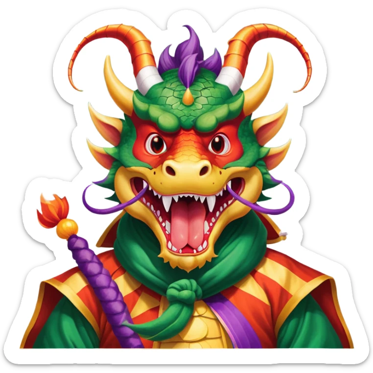 He is a Chinese dragon costume. His Chinese Dragon costume's head and face are red and his mouth is open with his tongue showing. His eyes are red and white vertical stripes and has horns behind the eyes. Under his chin is an orange party streamer. His nose puffs out actual smoke. His body and tail have red on the top, green at the bottom, dark green in the middle and a purple blanket below it. sticker