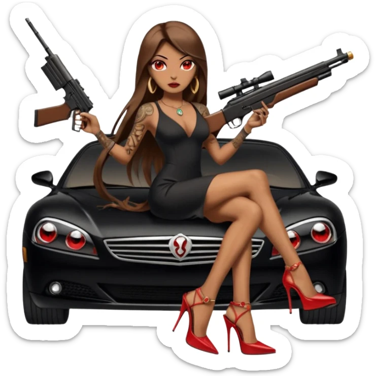 Lilith tan skin female red eyes symbol. Tattoo arms. Her hair is brown straight long hair.wearing sexy long sexy dress with slit. black stiletto thick platform high heels shoes on. Sitting on gold giant luxury car with cash inside . She is holding a sniper rifle in one hand cash in other hand sticker