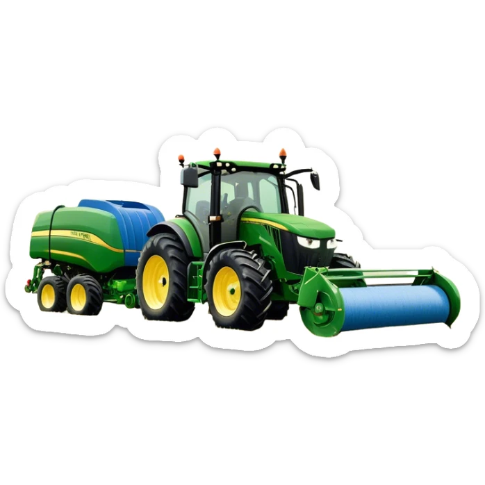 Baler – New Holland Roll-Belt 560 (2018) – Cinematic-realistic John Deere 6155M tractor towing a New Holland Roll-Belt 560 baler, its deep green body contrasting with the bright blue baler. The massive machine moves steadily through golden fields, compressing freshly cut hay into tight round bales, while dust swirls under the blazing afternoon sun. sticker