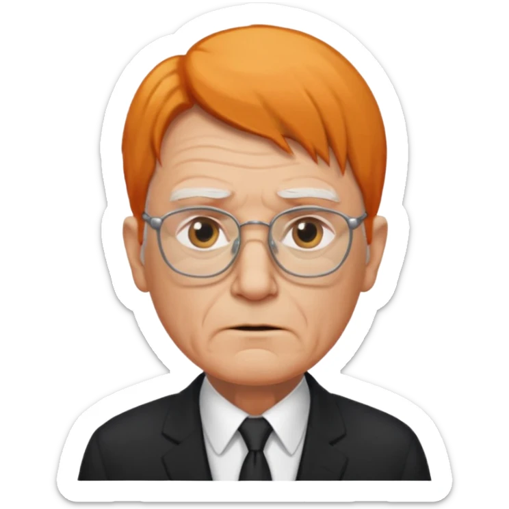 old man, orange straight hair, no mustache, wearing glasses, long face, wearing a black suit sticker