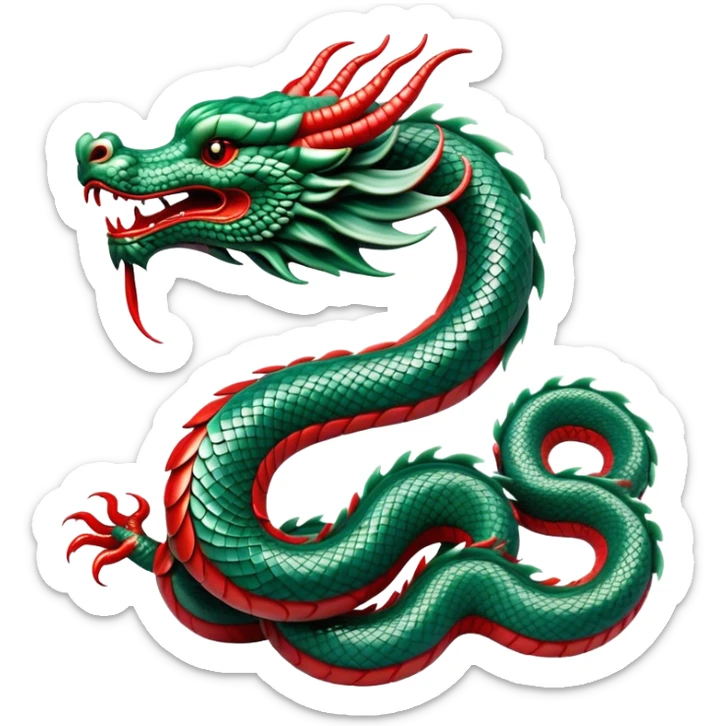 Cinematic Noble Chinese Serpent Dragon Portrait Emoji, Poised and majestic, with a sinuous, serpentine body adorned in intricately detailed scales of shimmering jade and soft vermilion, accented by delicate cloud motifs and subtle water ripple patterns; rendered with lifelike texture and gentle natural highlights, high shine, wise and enigmatic, styled with an aura of ancient dynastic grace, focused and regal, soft glowing outline, capturing the essence of a revered celestial dragon that appears ready to glide gracefully through the mists of time! sticker