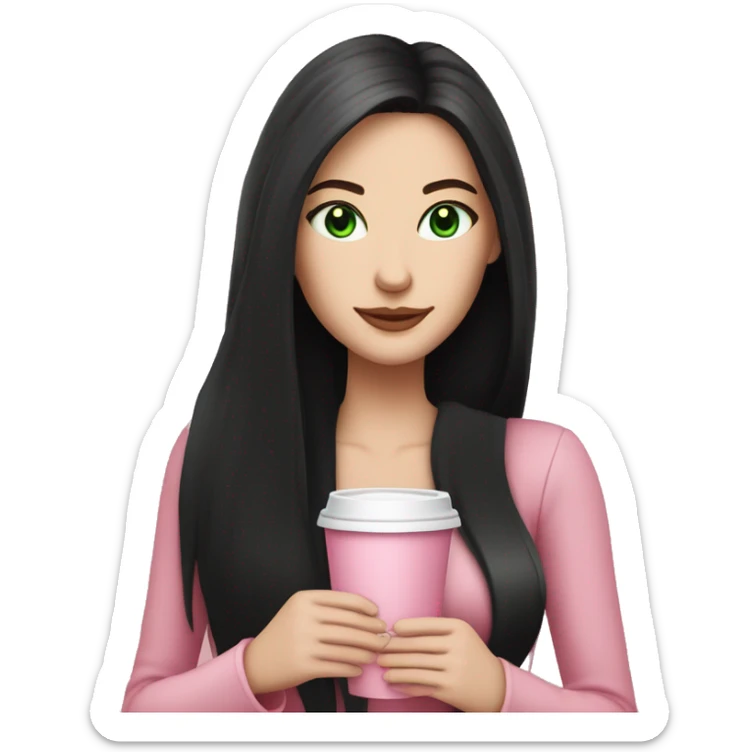 pretty woman with pale skin, very long black hair and green eyes and light pink outfit holding a pink coffee cup sticker