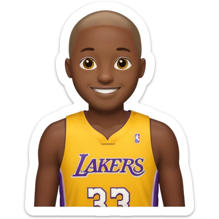 ["Very dark skin male, shaved head, wearing a yellow Lakers jersey."] sticker