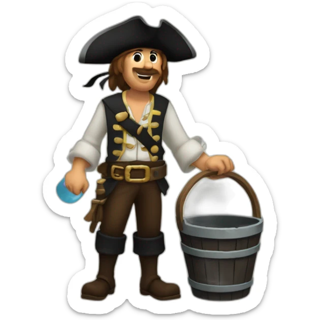 A pirate with an old wooden bucket in his hands. He is sending the water that is in the bucket away. sticker