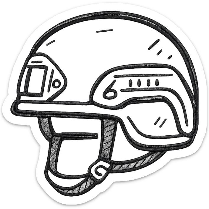 schematic image of modern NATO military helmet, minimalist black and white contour, no fill, no text sticker