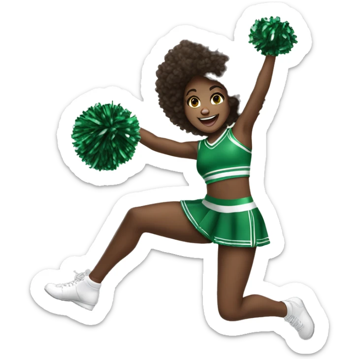 African-American girl, jumping up, happily holding two cheer pom-poms while wearing a green cheerleading outfit that reads pack in the center of the cheer uniform ￼ sticker