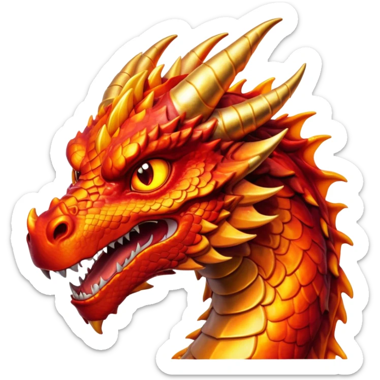 Cinematic Noble Fierce Fire Dragon Portrait Emoji, Poised and imposing, with a muscular, scaled body ablaze in fiery hues of crimson, molten orange, and molten gold, and intense, burning eyes that mirror the heart of a volcano; rendered with lifelike texture and dynamic natural highlights, high shine, formidable and intense, styled with an aura of scorching mythic power, focused and resolute, soft glowing outline, capturing the essence of a legendary inferno poised to ignite the screen with timeless ferocity! sticker