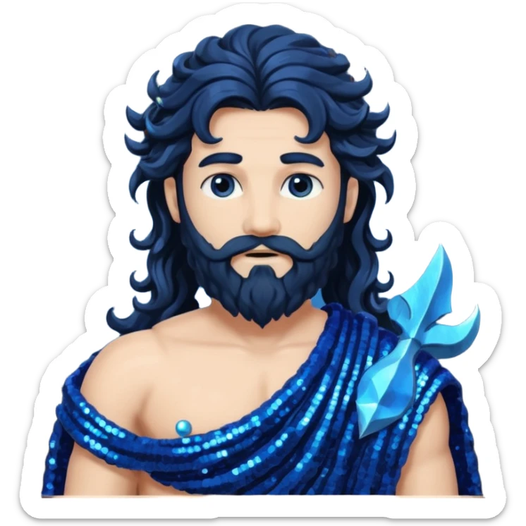 Neptune, God of Sea from Roman Deities with long jet black wavy hair and beard, dark blue sequin toga sticker