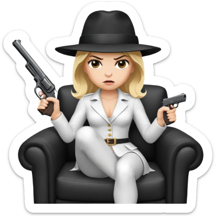 Mafia blondes angry woman in hat , gun ,black armchair , white costume  sticker