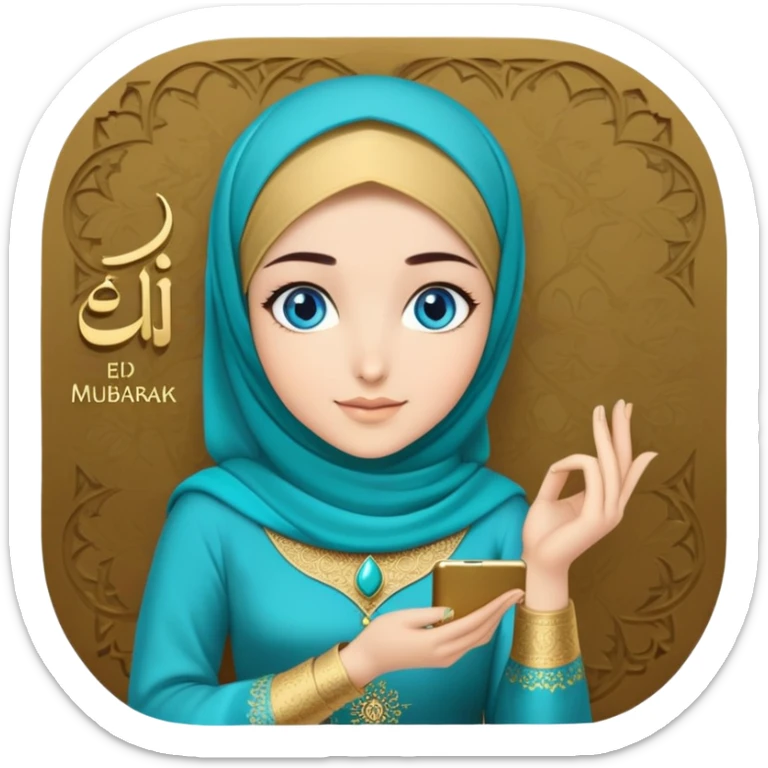 Turkish beautiful finish Konya girl blue eyes with gold hijab and islamic long tailed turquoise dress and had on her hand text Eid Mubarak  sticker