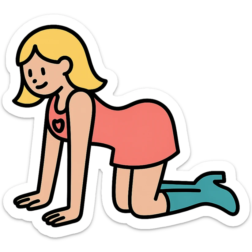 girl in a short dress with gogo boots, blond hair, cut-out heart in the dress, yoga cat pose sticker