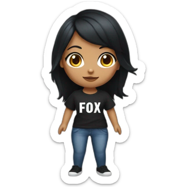fox girl with black hair and black t-shirt and Jean with big title sticker