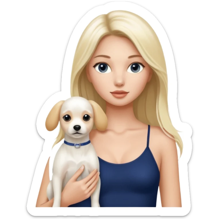 Victoria’s Secret model with long light blonde straight balayage hair, dark blue almond and small eyes, oval face, small lips, skinny long waist, firm legs, White Spaghetti top. In her arm she holds a with a White belgian dog  sticker