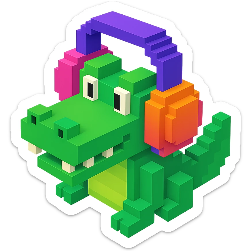 voxel style crocodile with colorful headphones, isometric view sticker