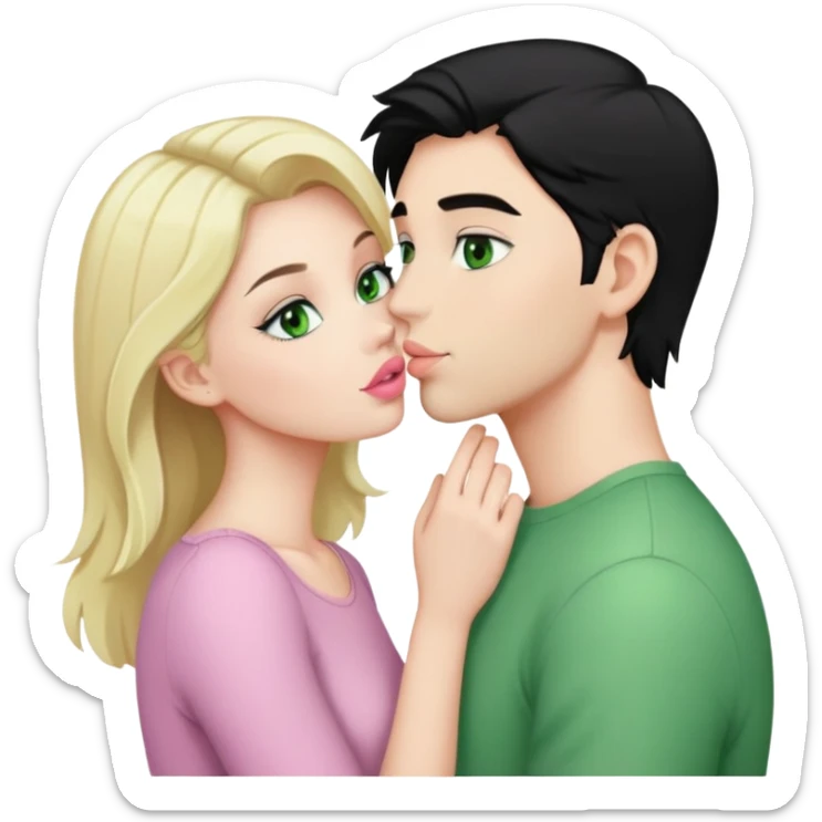 A blonde girl with fair skin and green eyes and light pink lips a guy with black hair and fair skin and green eyes are kissing sticker