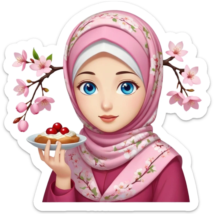 Turkish beautiful finish Konya girl blue eyes with cherry blossom floral hijab islamic dress and she’s savouring delicious food face sticker