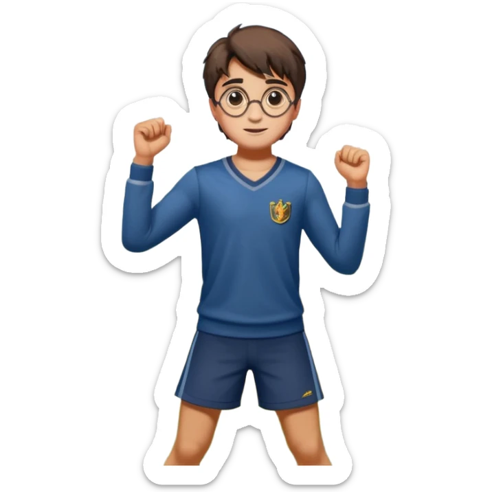 Harry Potter is in sports clothes doing morning exercises, he is in the field before his magic school sticker
