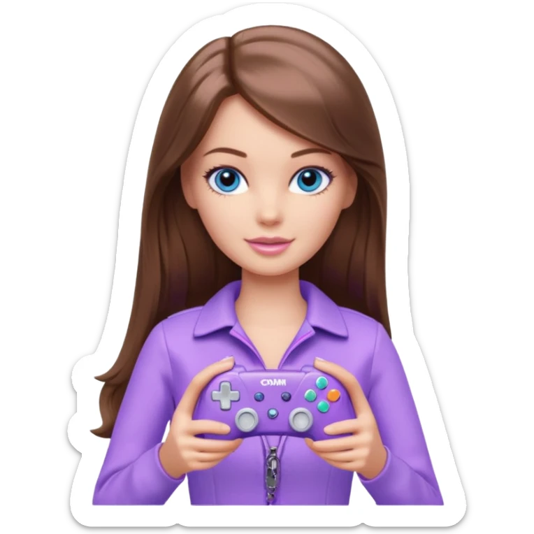 beautiful barbie girl with long brown hair, blue eyes and wearing light purple clothes playing console games with controller sticker