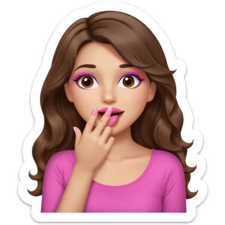 girl with long wavy brown hair, brown eyes, long lashes makeup, sexy pink lips, light to medium complexion, wearing a pink sexy top, sexy, giggling hand covering mouth sticker