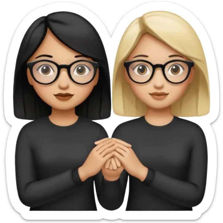 2 girls holding hands, one with tan skin, black hair and round glasses, and the other girl with light Skin, dark blonde hair, and black round glasses sticker