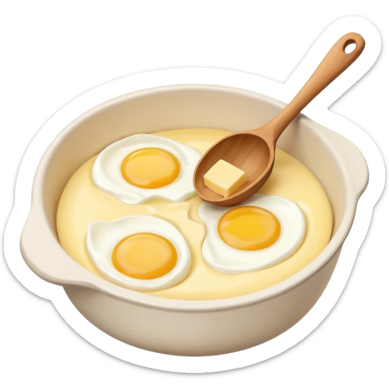 A carton of eggs, butter and a cream ceramic baking bowl with a wooden spoon in it sticker