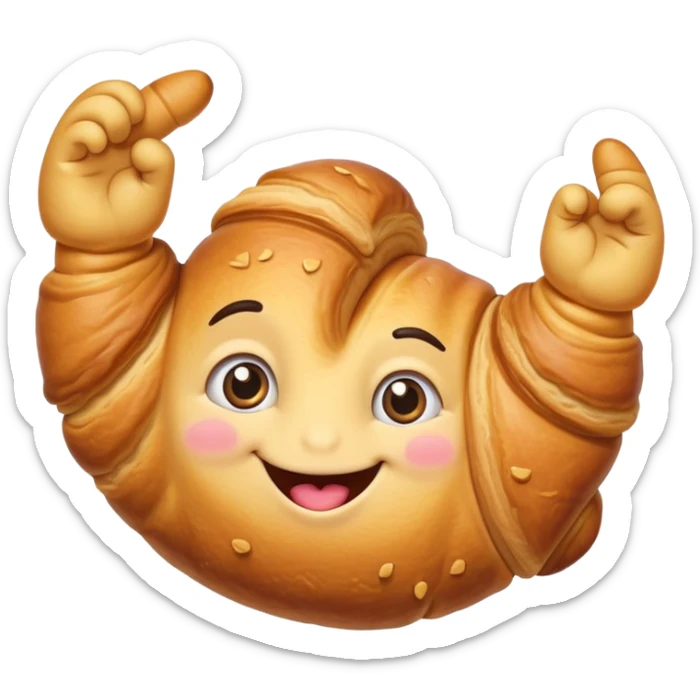 a drawn croissant with eyes and a smiling mouth, making a heart with his fingers sticker