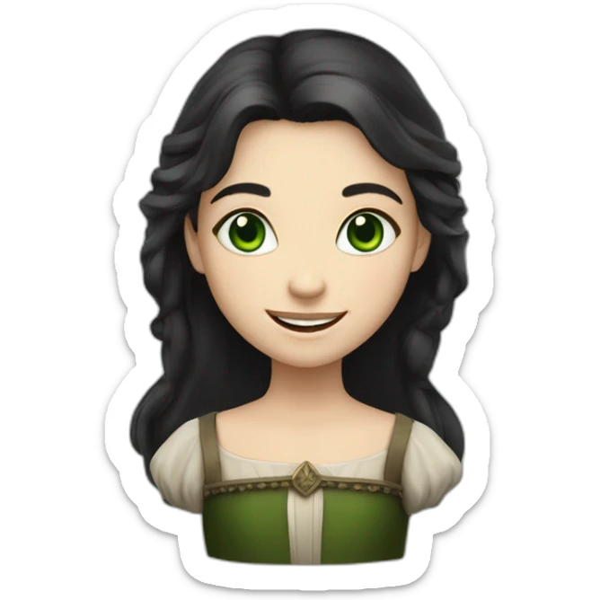 Medieval girl smiling, white skin, black hair, green eyes sticker