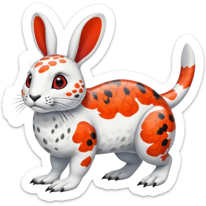 Rock Ptarmigan-Snow-Leopard-Snowshoe-Hare-Koi-Fish-Pokémon-Fakémon-Animal-hybrid, full body, with red marking over eye sticker