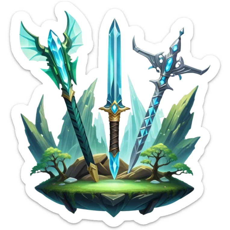 Icon for Fantasy and Sci-Fi: a magical sword, a glowing crystal, and a futuristic spaceship flying over an enchanted forest, with mythical creatures like dragons or aliens. The icon should capture the wonder and adventure of fantasy and sci-fi worlds. Transparent background. sticker