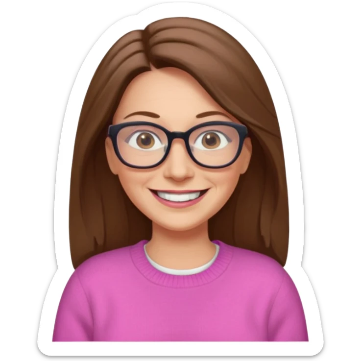 50 yr Caucasian woman, long brown hair parted on side, brown eyes, glasses,big smile, white teeth, pink sweater sticker